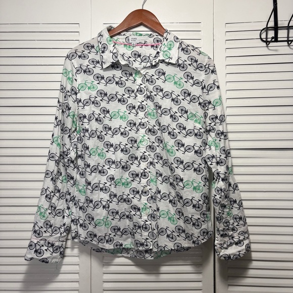 Crown & Ivy Women's Cotton Button Shirt White Green Bicycles Top Size M - Picture 1 of 6
